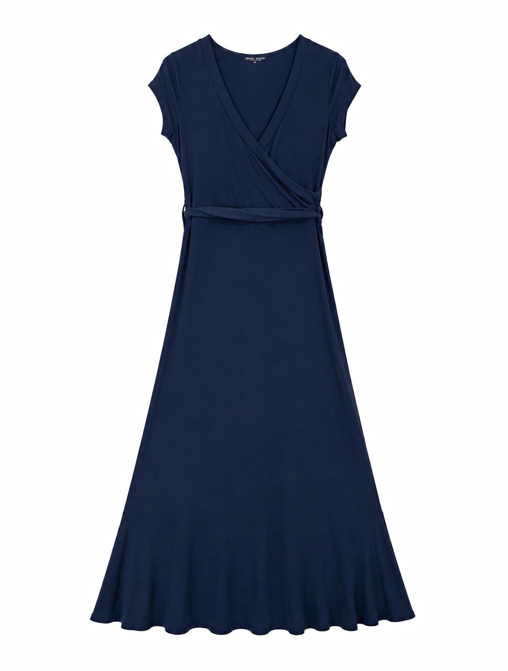 Janette Fashion Navy Blue Maxi Dress S Tall Wrap V-Neck 56” Long